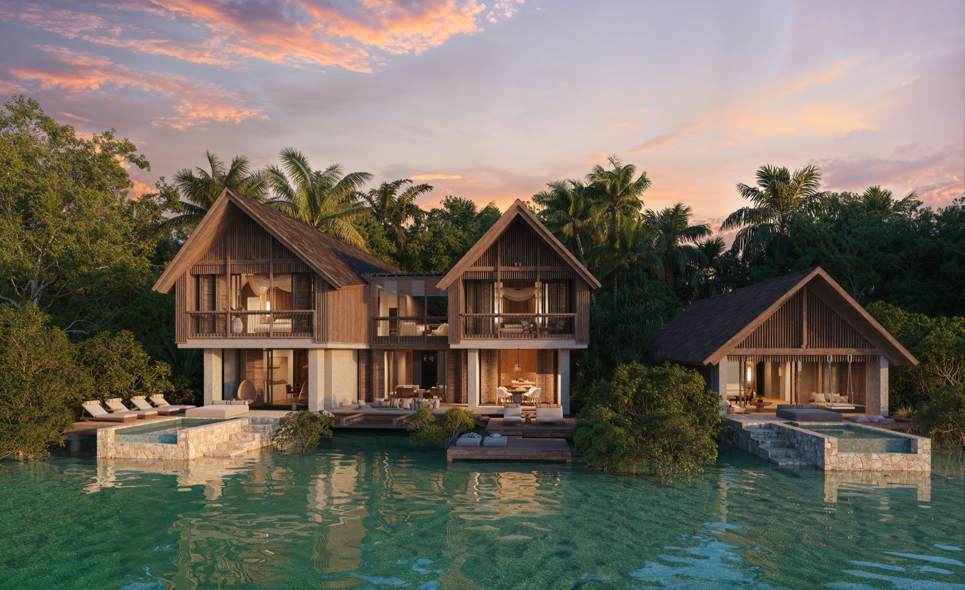 Overwater villas at sunset